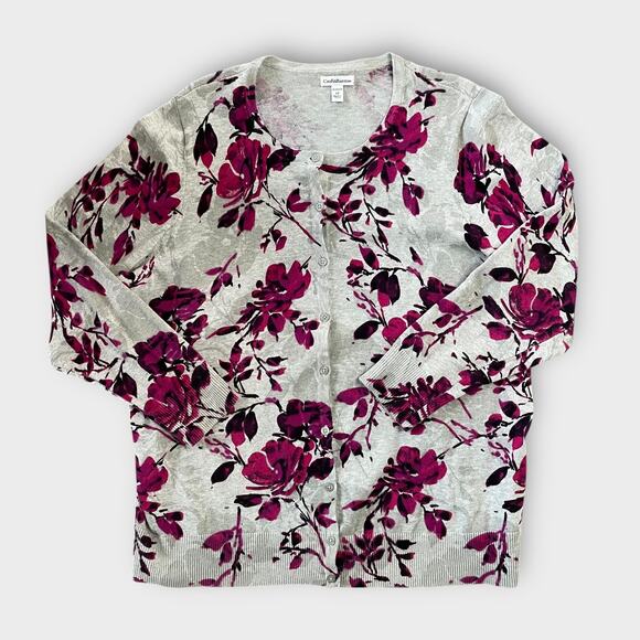 CROFT BARROW COTTON FLORAL CARDIGAN SWEATER 2X GRAY PINK PURPLE BOHO LIGHTWEIGHT - Picture 1 of 9